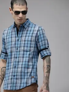 The Roadster Lifestyle Co Men Blue And Grey Tartan Checked Pure Cotton Casual Shirt