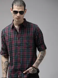 The Roadster Lifestyle Co Men Maroon & Blue Checked Pure Cotton Casual Shirt
