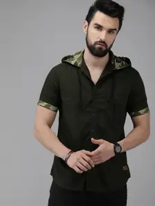 The Roadster Life Co. Men Olive Green Solid Pure Cotton Hooded Casual Shirt