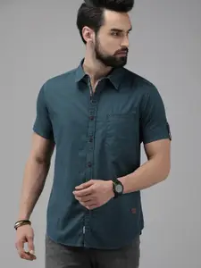 The Roadster Lifestyle Co. Men Navy Blue Solid Pure Cotton Casual Shirt