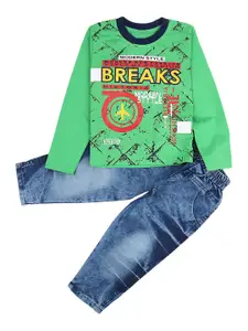 V-Mart Unisex Kids Green & Blue Printed T-shirt with Shorts