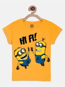 Kids Ville Girls Orange Minions Printed Extended Sleeves Applique T-shirt
