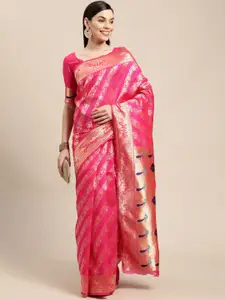 VAIRAGEE Pink & Golden Ethnic Motifs Pure Silk Saree
