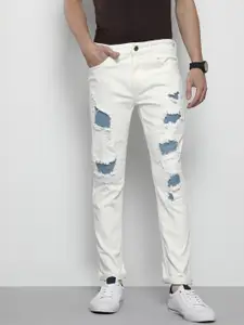 The Indian Garage Co Men White Slim Fit Low Distress Applique Stretchable Jeans