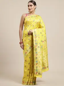 Royal Rajgharana Saree Yellow & Pink Ethnic Motifs Woven Design Banarasi Sarees