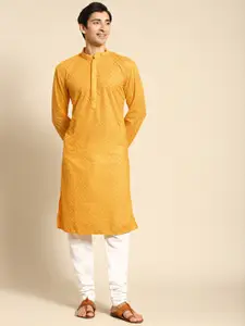 RAJUBHAI HARGOVINDAS Men Yellow Cotton Embroidered Chikankari Kurta