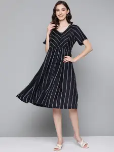 HERE&NOW Navy Blue & White Striped Georgette Dress
