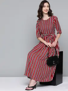 HERE&NOW Red & White Striped Georgette Midi Dress