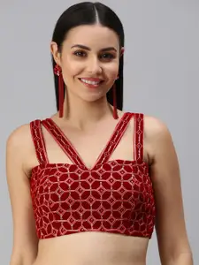 flaher Women Red & Silver Embroidered Readymade Padded Blouse