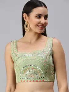 flaher Green Mirror Work Embroidered Padded Readymade Blouse