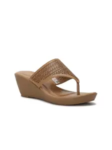 Bata Gold-Toned PU Wedge Sandals with Laser Cuts
