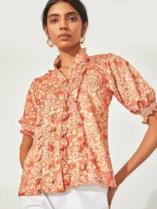 The Label Life Orange Flame Floral Ruffle Neck Top