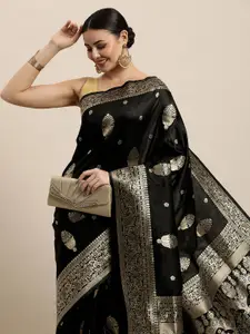 Royal Rajgharana Saree Black Ethnic Motifs Silk Blend Banarasi Sarees