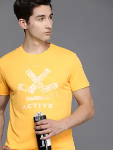 WROGN ACTIVE Men Yellow & White Brand Logo Printed Slim Fit T-shirt