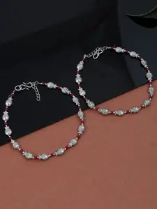 Silvermerc Designs Oxidised Silver-Plated Red Beaded Handmade Anklets