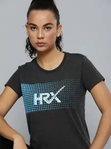 HRX by Hrithik Roshan Women Charcoal & Blue Brand Logo Printed T-shirt