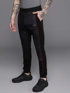 WROGN ACTIVE Men Black Brand Logo Printed Regular Fit Mid-Rise Joggers With Side Stripe