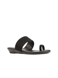 Bata Women Black Embellished One Toe Flats with Laser Cuts