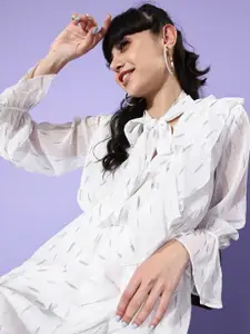 ANI White Tie-Up Neck Chiffon Mini Dress