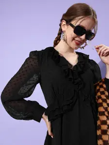 ANI Black Cuffed Sleeves Chiffon Dress