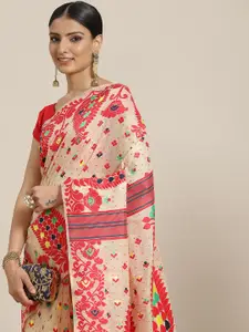 Silk Land Beige & Red Woven Design Pure Cotton Jamdani Saree