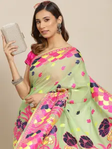 Silk Land Green & Pink Floral Pure Cotton Jamdani Saree