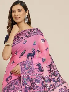 Silk Land Pink & Navy Blue Woven Design Pure Cotton Jamdani Saree