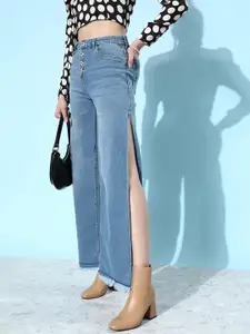 Roadster Women Wide Leg High-Rise Light Fade Stretchable Jeans With Side Slit Detail
