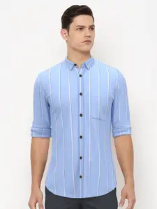 Peter England Men Blue & White Slim Fit Striped Pure Cotton Casual Shirt