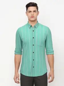 Peter England Men Green & White Slim Fit Striped Pure Cotton Casual Shirt