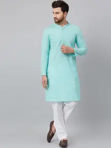 See Designs Men Turquoise Blue Striped Pleated Pure Cotton Kurta with Pyjamas