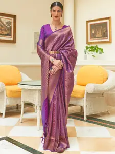 Mitera Purple & Golden Woven Design Zari Silk Blend Kanjeevaram Saree