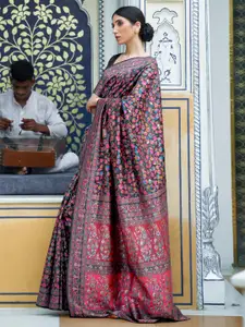 Mitera Black & Pink Floral Silk Blend Saree