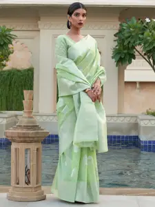 Mitera Green & Silver-Toned Woven Design Pure Linen Saree
