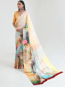 Mitera Yellow & Blue Floral Satin Saree