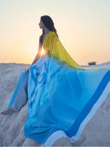 Mitera Blue & Yellow Floral Printed Saree
