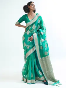 Mitera Teal Blue & Silver-Toned Floral Organza Banarasi Saree