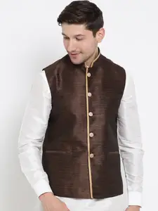 VASTRAMAY Men Coffee Brown Solid Woven Silk Blend Nehru Jackets