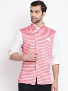 VASTRAMAY Men Red & White Striped Slim-Fit Nehru Jacket