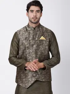 VASTRAMAY Men Brown & Black Woven Design Slim-Fit Nehru Jackets