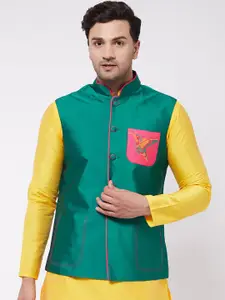 VASTRAMAY Men Green Woven Design Slim-Fit Nehru Jackets