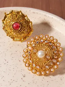 AccessHer Set Of 2 Gold-Plated White & Pink Stone-Studded & Pearl Beaded Antique Adjustable Finger Ring