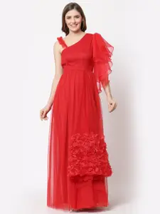 Just Wow Red Embellished Net Maxi Dress