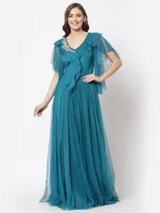 Just Wow Teal Embellished Net Maxi Dress