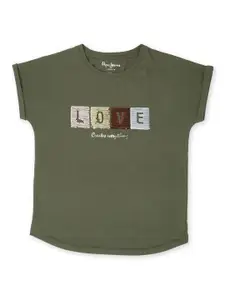 Pepe Jeans Girls Olive Green Extended Sleeves Applique T-shirt