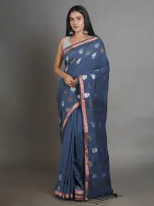 Arhi Teal & Silver-Toned Woven Design Zari Pure Linen Saree