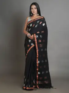 Arhi Black & Silver-Toned Floral Pure Linen Saree