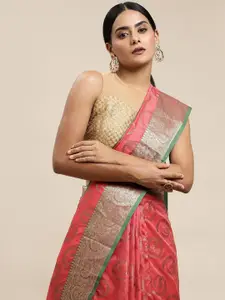 Saree Swarg Pink & Golden Ethnic Motifs Woven Design Banarasi Sarees