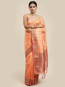 Saree Swarg Orange Striped Organza Banarasi Sarees