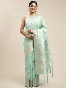 Saree Swarg Green & Golden Ethnic Design Linen Blend Banarasi Sarees